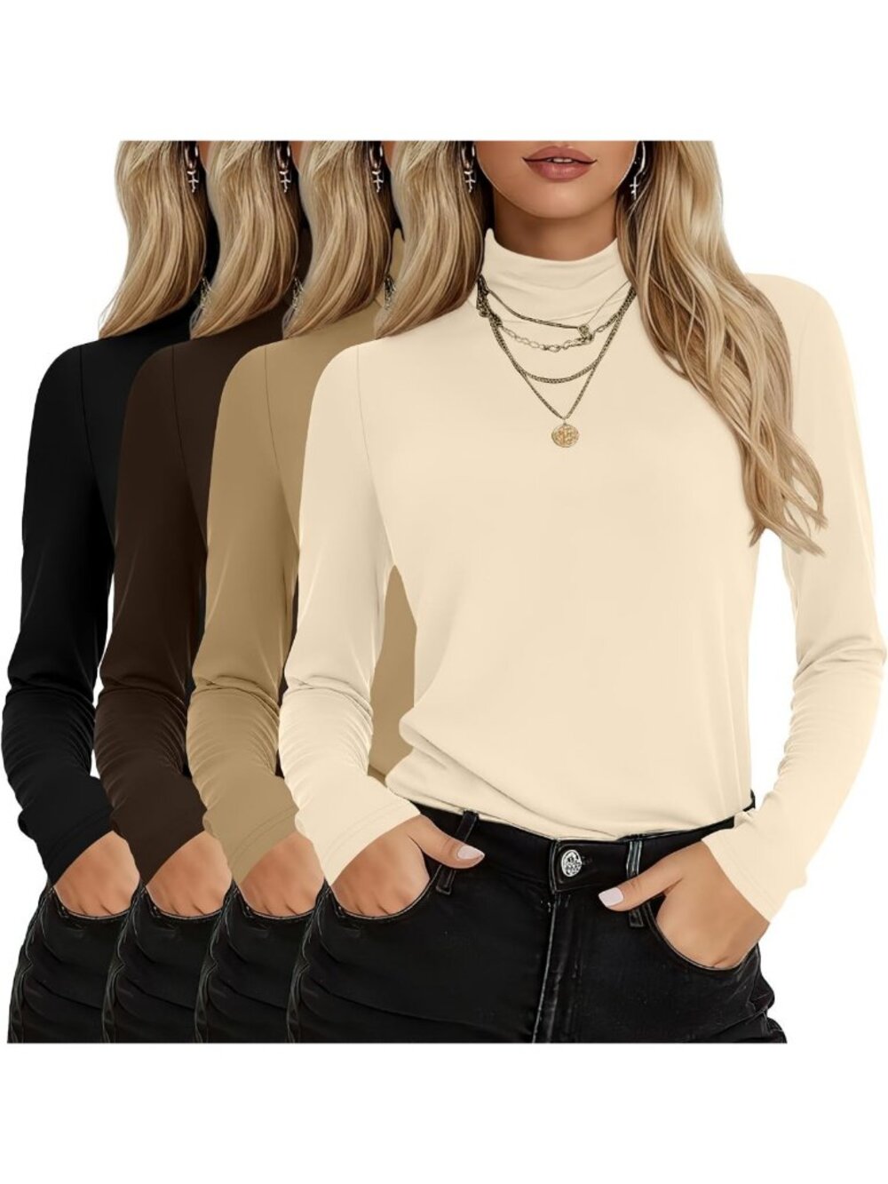 Cozy Women's Cotton Turtleneck Tops - 4 Pack Long Sleeve Shirts for Fall Fashion